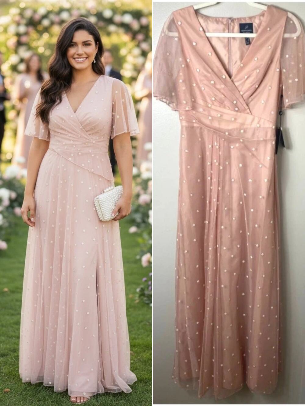 NWT ADRIANNA PAPELL DRESS PINK GLITTER POLKA DOT WEDDING GUEST LONG FORMAL GOWN